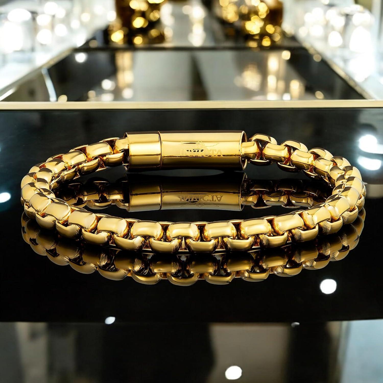 image:imageInvicta Bracelet for Men Stainless Steel Chain Jewelry Polished Box Links 8mm 9Gold