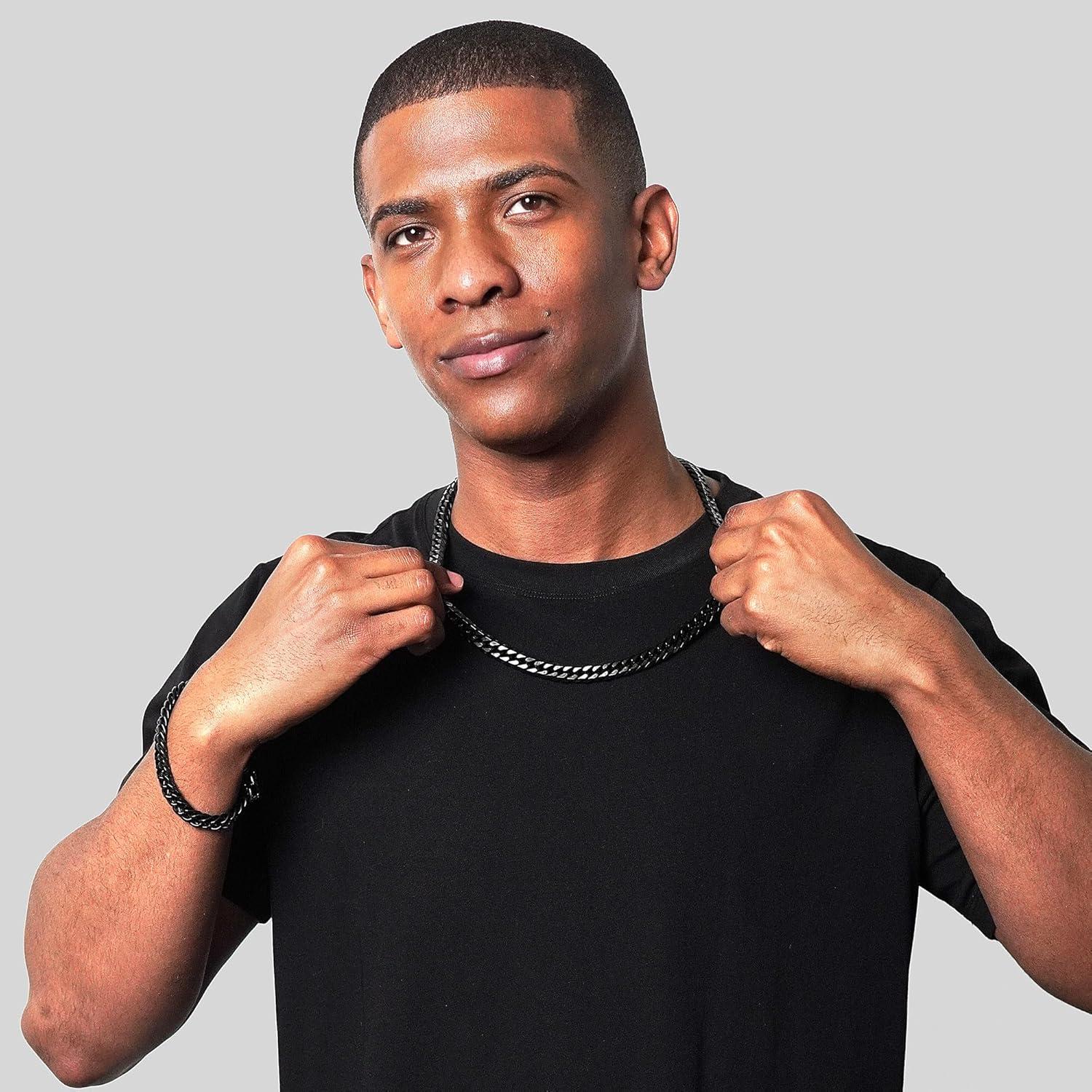 image:imageInvicta Jewelry Mens Double Curb Chain Bracelet and Necklace SetBlack