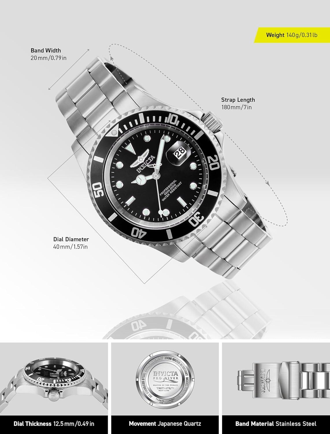 image:imageInvicta Mens Pro Diver Quartz Watch with Stainless Steel StrapBlack
