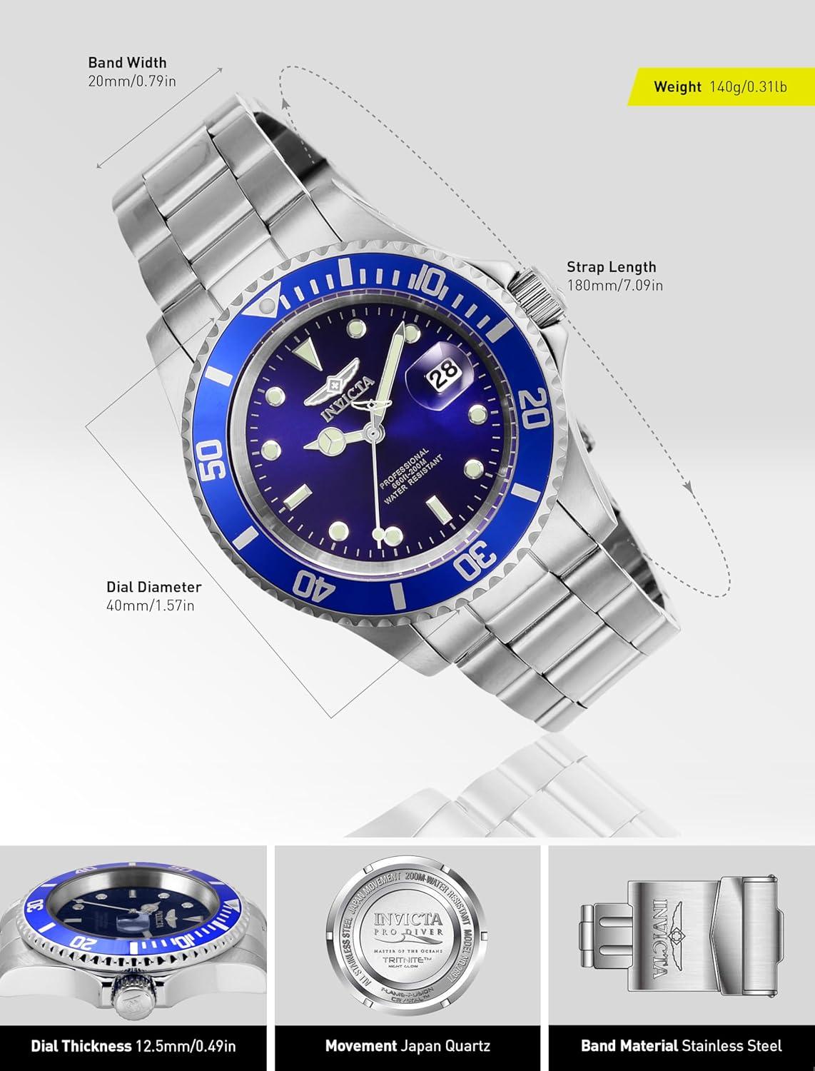 image:imageInvicta Mens Pro Diver Quartz Watch with Stainless Steel StrapBlue
