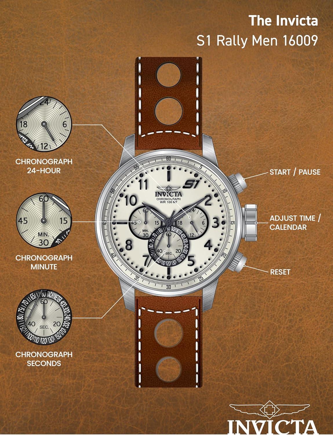 image:imageInvicta Mens S1 Rally Stainless Steel Chronograph Watch with Brown Leather BandBrownWhite