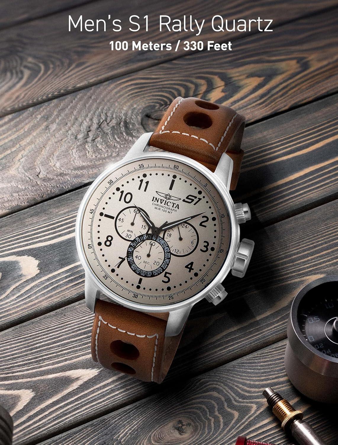 image:imageInvicta Mens S1 Rally Stainless Steel Chronograph Watch with Brown Leather BandBrownWhite