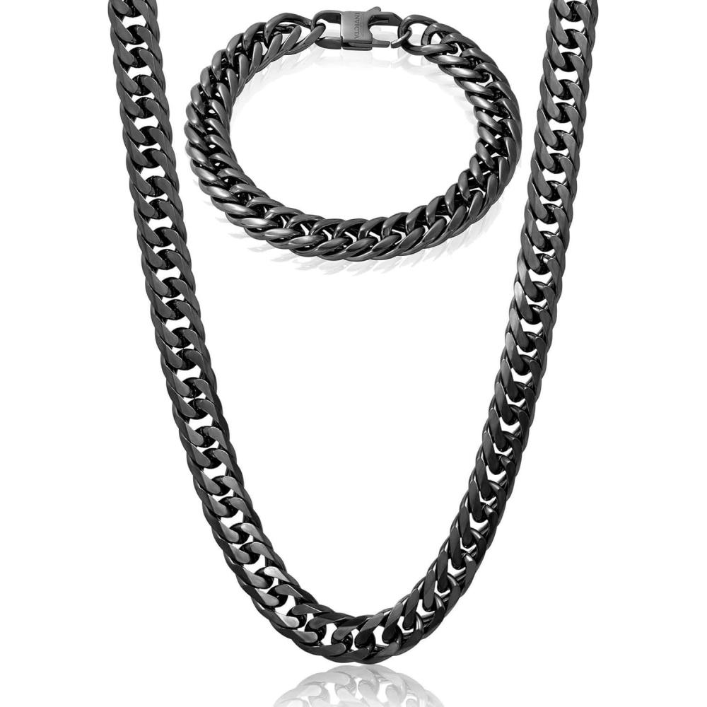 image:imageInvicta Jewelry Mens Double Curb Chain Bracelet and Necklace SetBlack