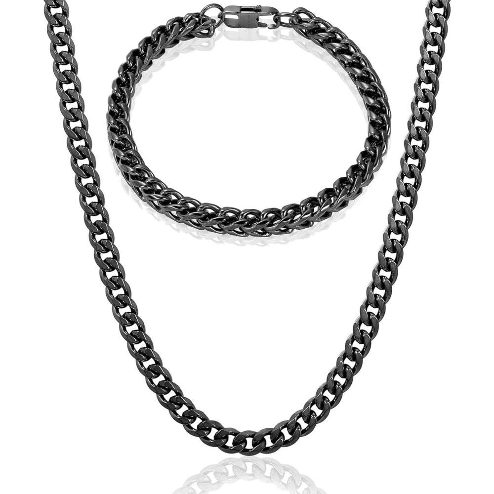 image:imageInvicta Jewelry Mens Franco Bracelet and Curb Necklace Chain SetBlack