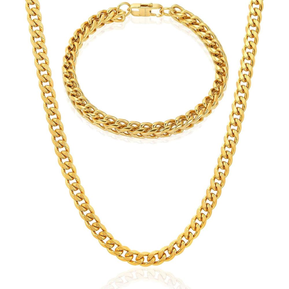 image:imageInvicta Jewelry Mens Franco Bracelet and Curb Necklace Chain SetGold