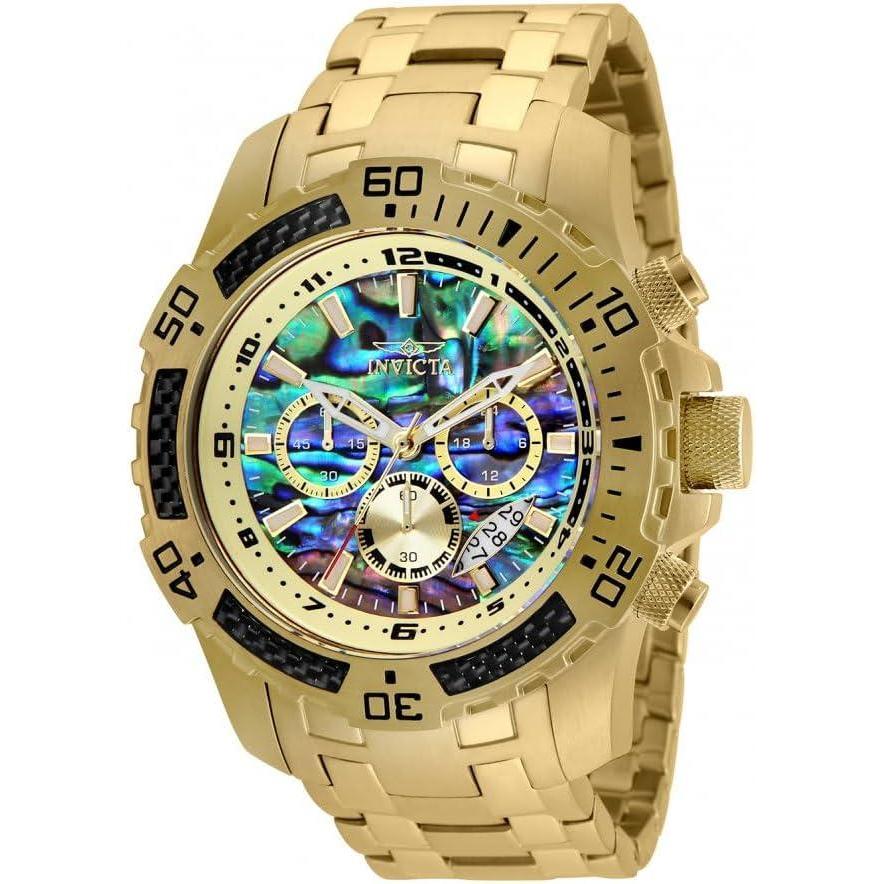image:imageInvicta Mens Pro Diver Scuba Quartz Chronograph Carbon Fiber Bezel Abalone Dial Bracelet Watch 50mmGold