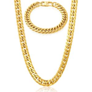 Invicta Jewelry Men’s Double Curb Chain Bracelet and Necklace Set(Gold)