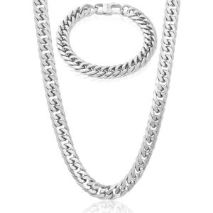 Invicta Jewelry Men’s Double Curb Chain Bracelet and Necklace Set(Silver)
