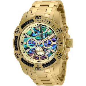 Invicta Men’s Pro Diver Scuba Quartz Chronograph Carbon Fiber Bezel Abalone Dial Bracelet Watch, 50mm(Gold)