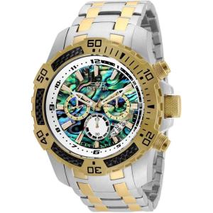 Invicta Men’s Pro Diver Scuba Quartz Chronograph Carbon Fiber Bezel Abalone Dial Bracelet Watch, 50mm(Two Tone)