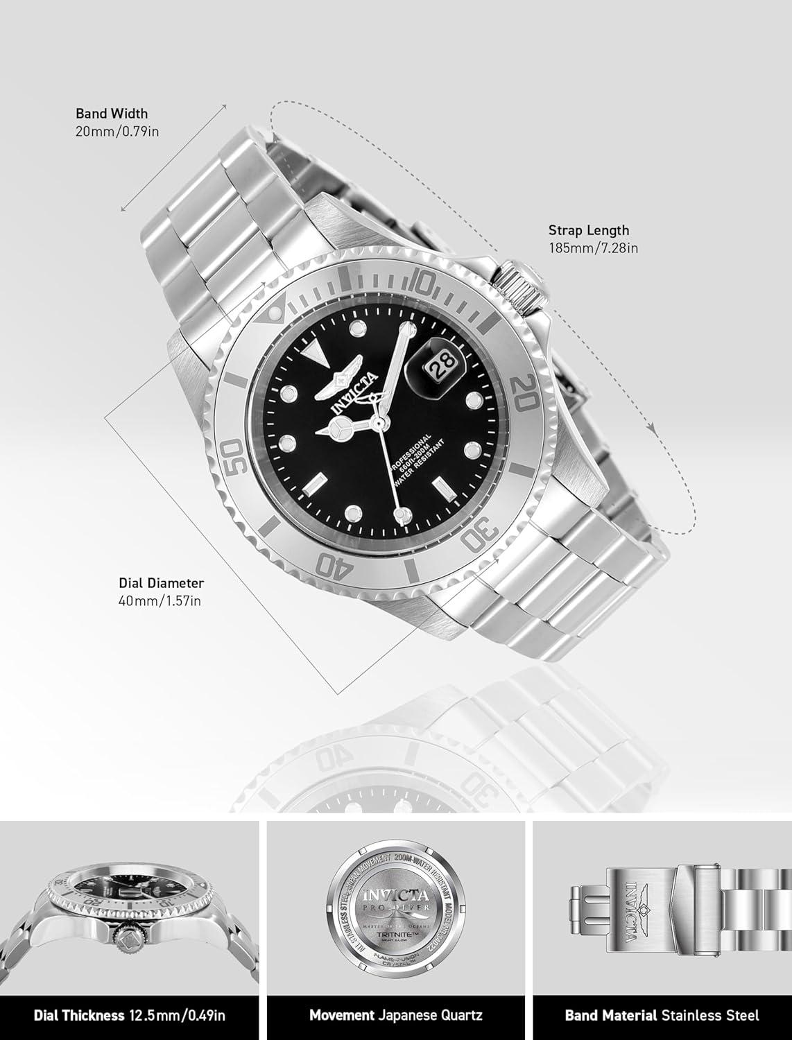 image:imageInvicta 40mm Mens Pro Diver Black Dial Silver Tone Stainless Steel Watch 34022