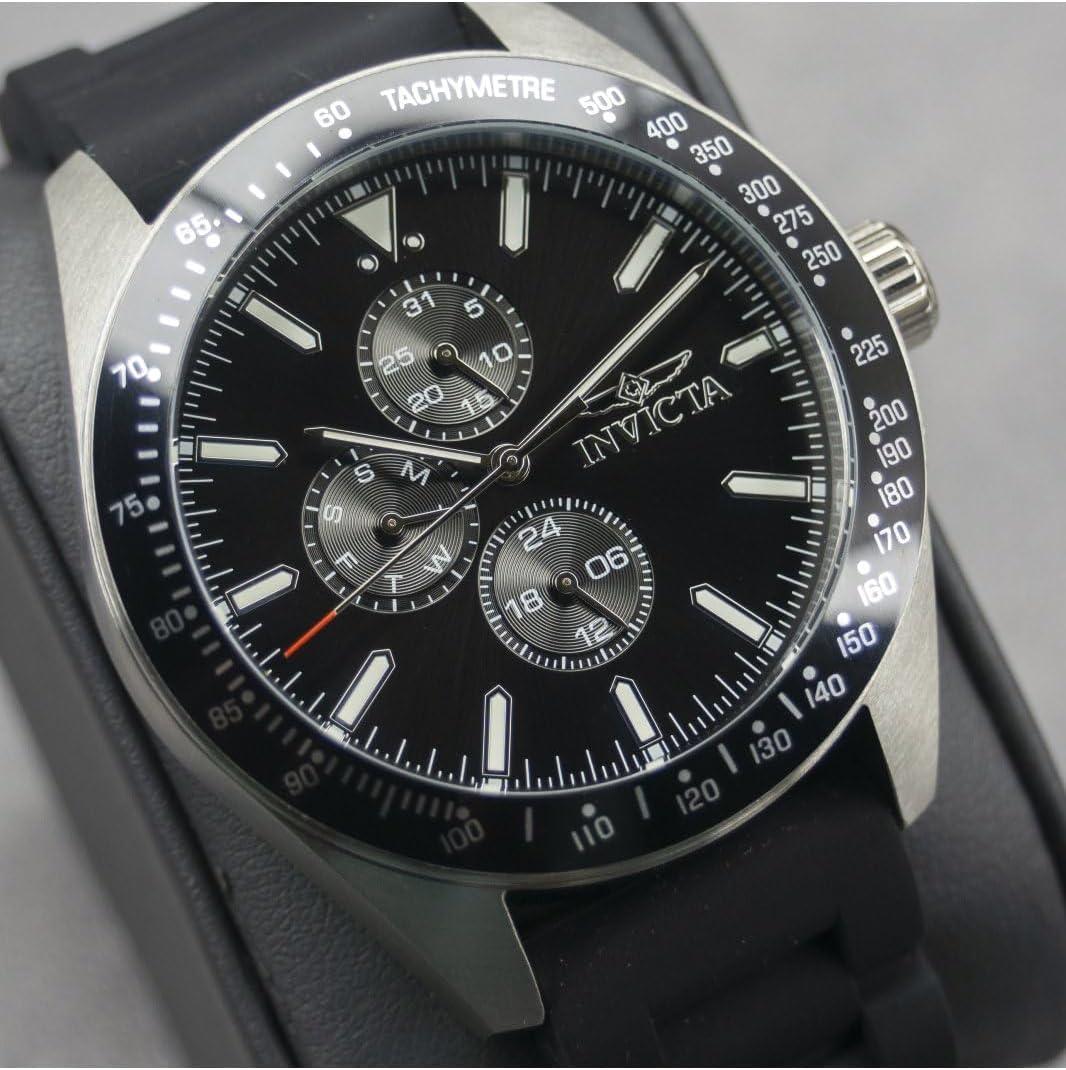 image:imageInvicta Mens 38402 Aviator Silver Black Tone DayDate 45MM Case 100M WR Tachymeter Watch