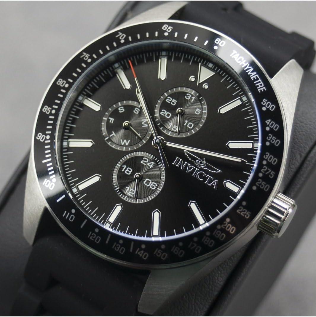 image:imageInvicta Mens 38402 Aviator Silver Black Tone DayDate 45MM Case 100M WR Tachymeter Watch