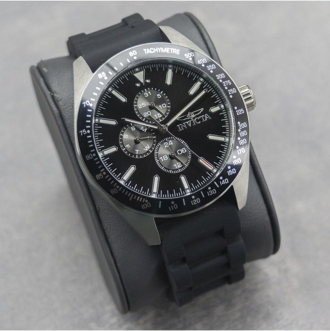 image:imageInvicta Mens 38402 Aviator Silver Black Tone DayDate 45MM Case 100M WR Tachymeter Watch
