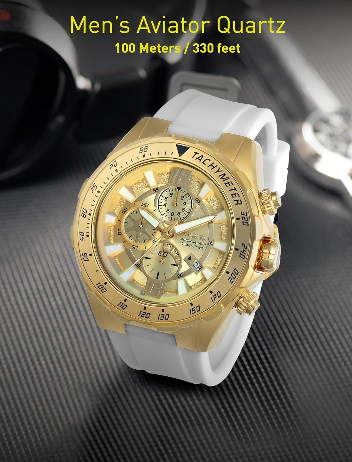 image:imageInvicta Mens Aviator Quartz Stainless Steel and Silicone Strap Watch White Black 26 Model 21741 24578Gold