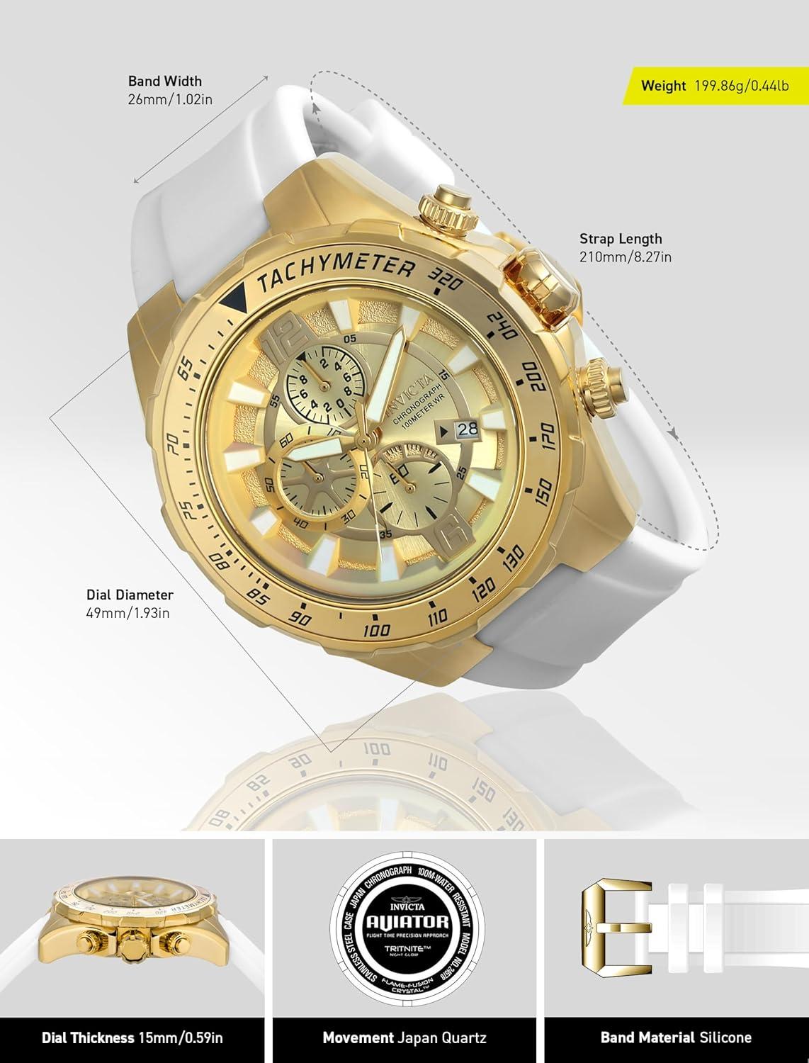 image:imageInvicta Mens Aviator Quartz Stainless Steel and Silicone Strap Watch White Black 26 Model 21741 24578Gold
