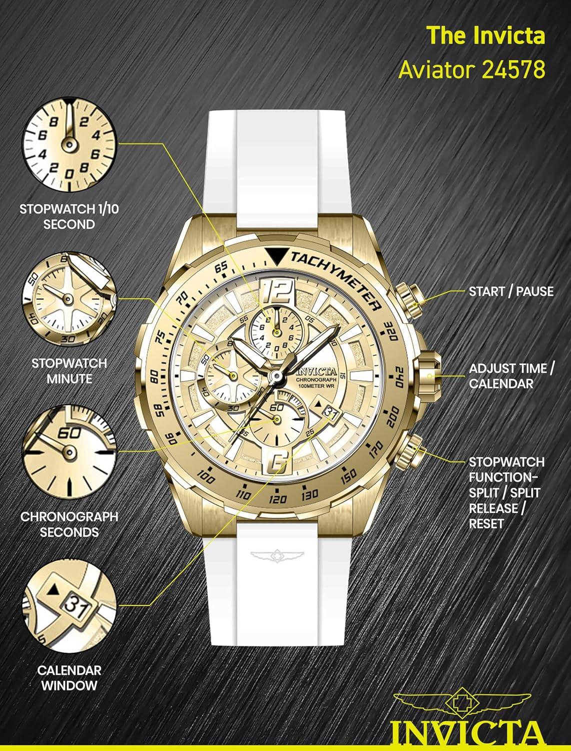 image:imageInvicta Mens Aviator Quartz Stainless Steel and Silicone Strap Watch White Black 26 Model 21741 24578Gold