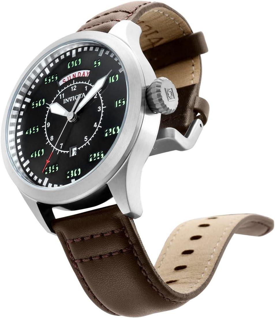 image:imageInvicta Mens Aviator Stainless Steel Quartz Watch with Leather Calfskin Strap Black Brown 21 Model 22972 22973Stainless Steel