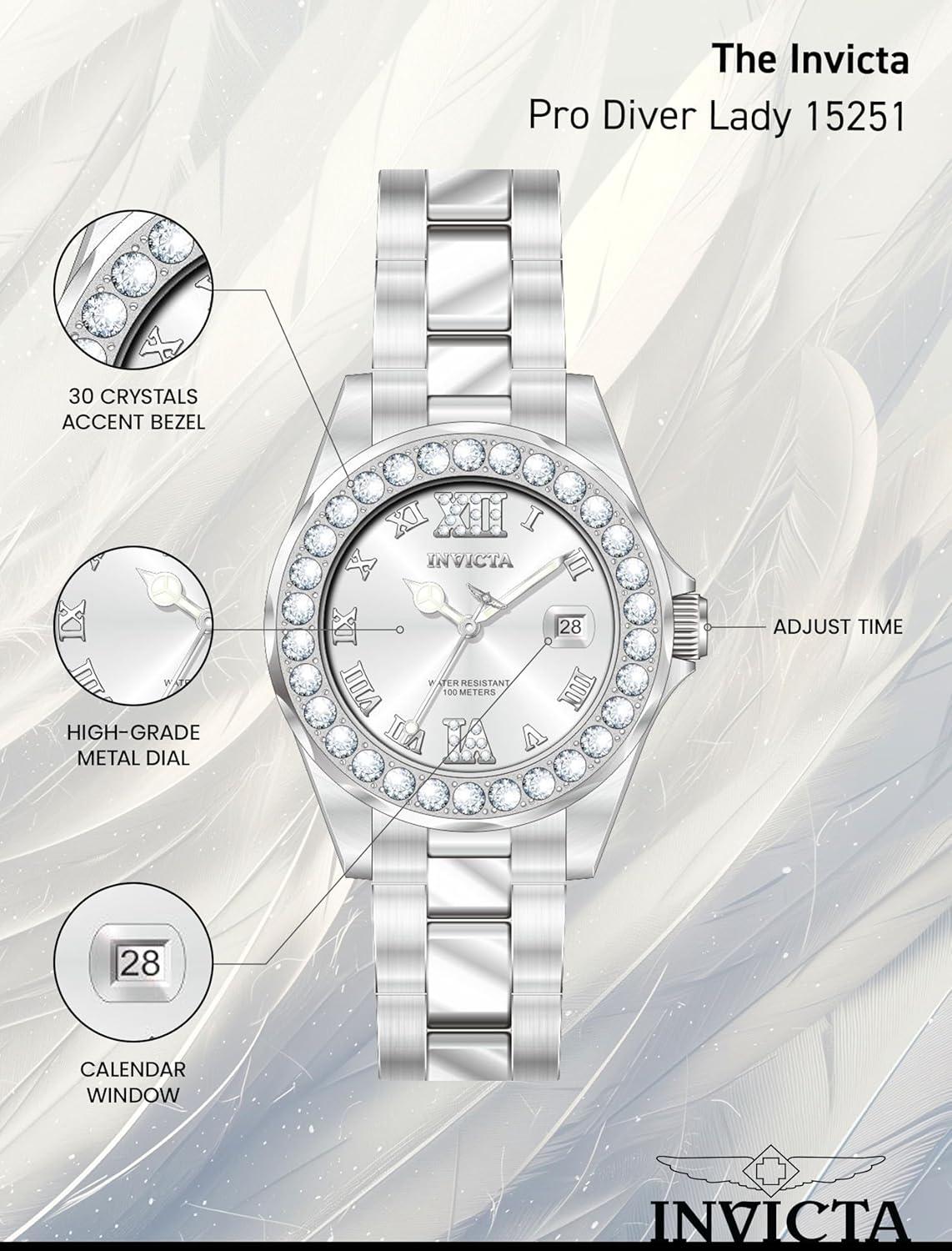 image:imageInvicta Womens 15251 Pro Diver Silver Dial Crystal Accented Stainless Steel Watch