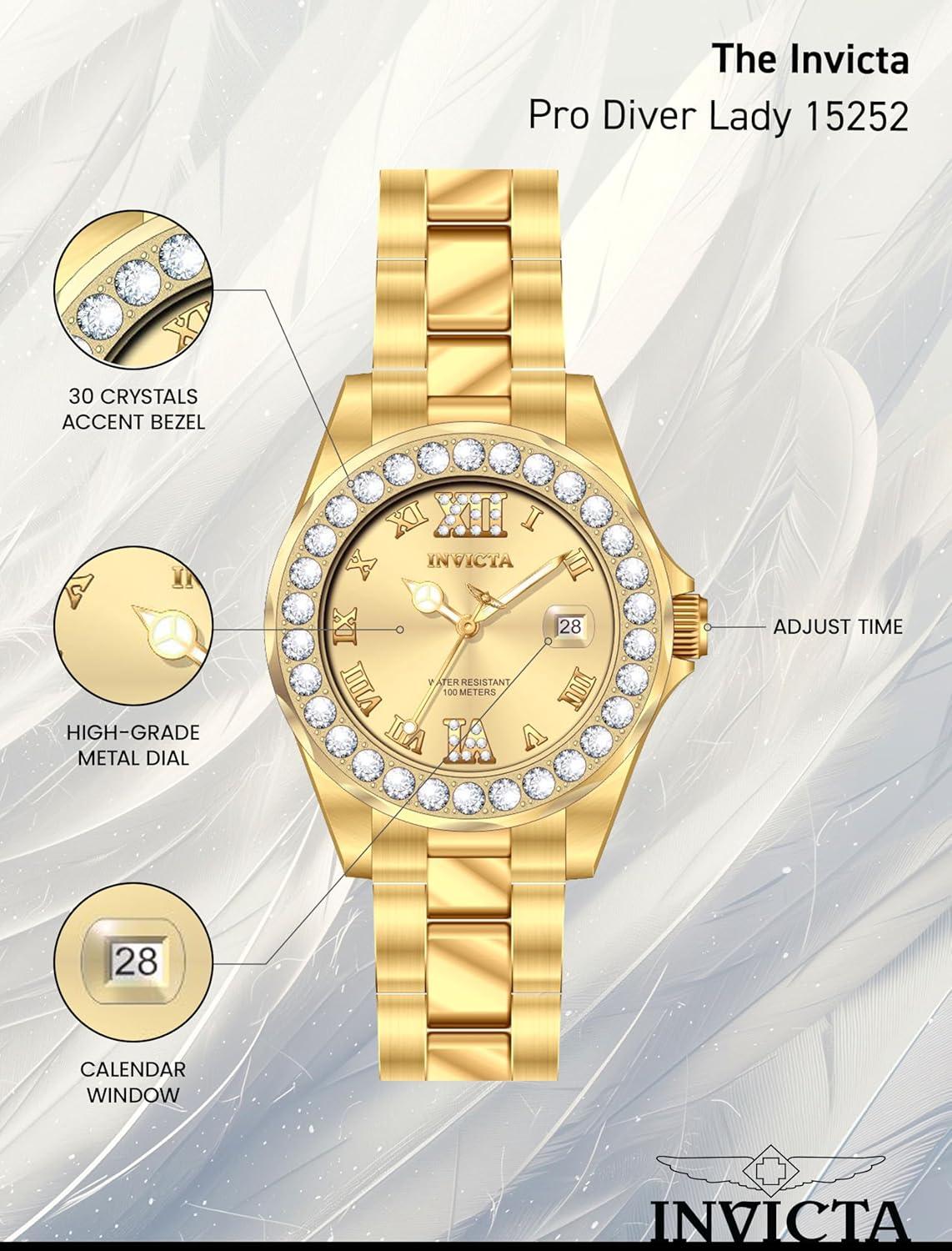 image:imageInvicta Womens Pro Diver Crystal Accented 18k IonPlated Stainless Steel WatchGold