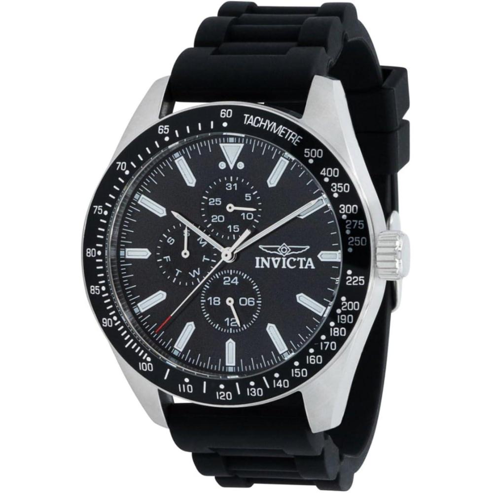 image:imageInvicta Mens 38402 Aviator Silver Black Tone DayDate 45MM Case 100M WR Tachymeter Watch