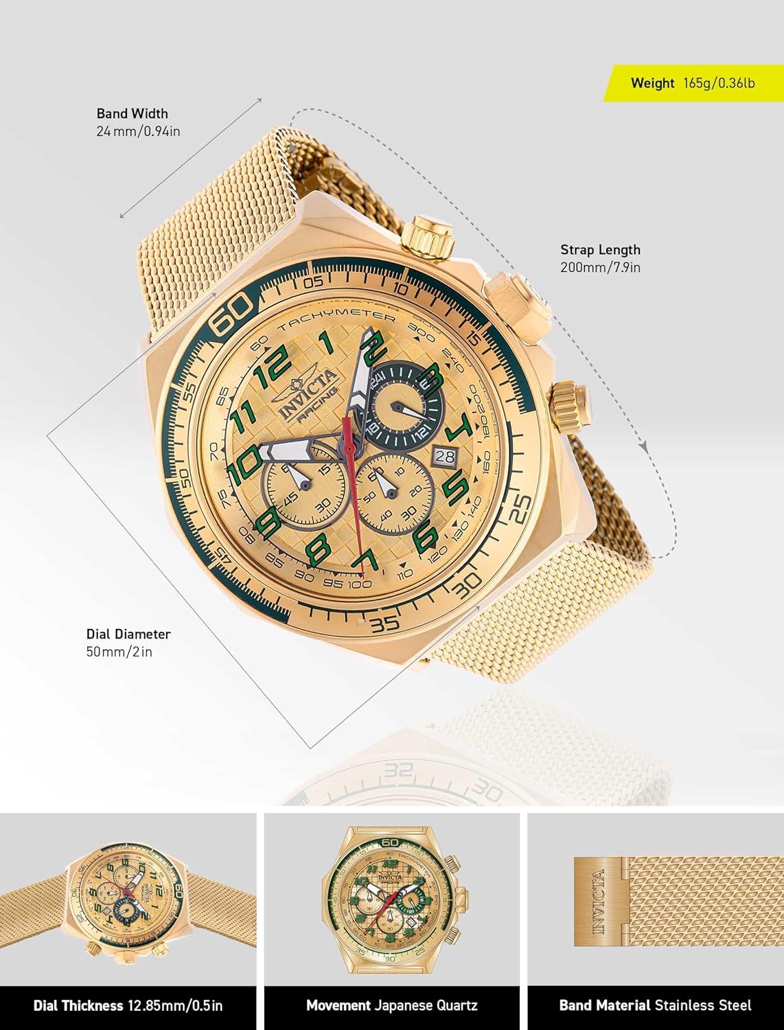 image:imageInvicta Racing Men 5000mm Stainless Steel Aluminum Gold Green Gold dial VD53 Quartz