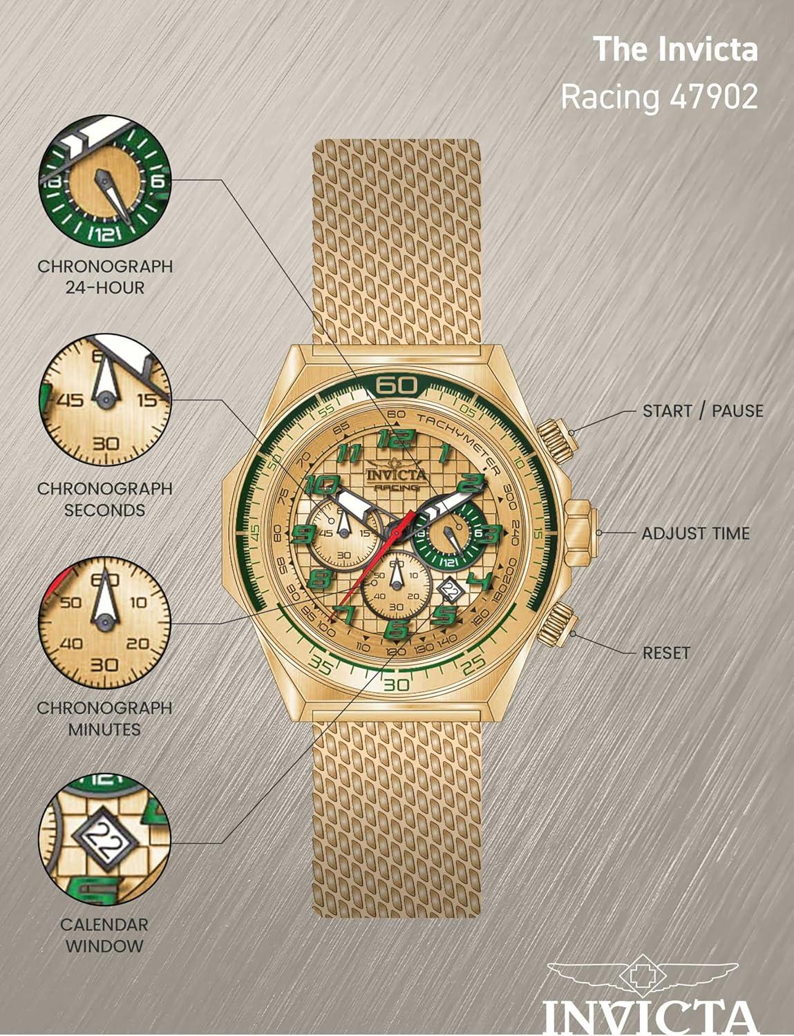 image:imageInvicta Racing Men 5000mm Stainless Steel Aluminum Gold Green Gold dial VD53 Quartz