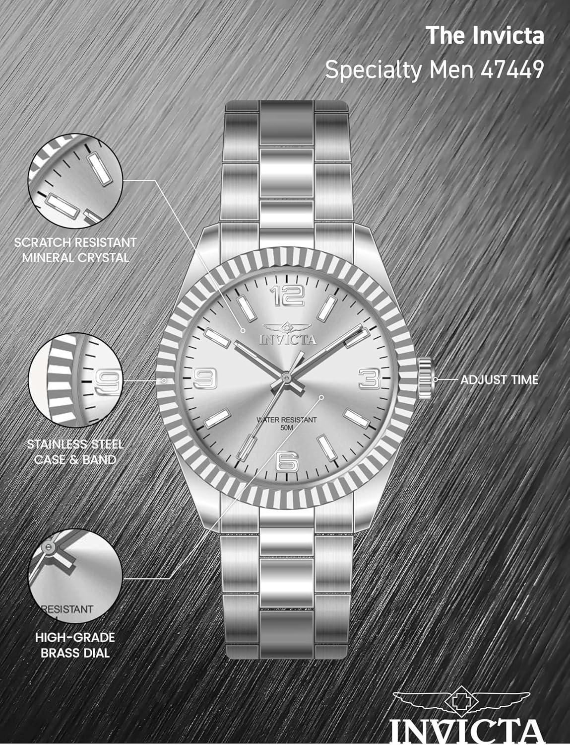 image:imageInvicta Specialty 47449 Mens Watch Waterproof Analogue Quartz Movement Stainless Steel with Silver dial 43mm