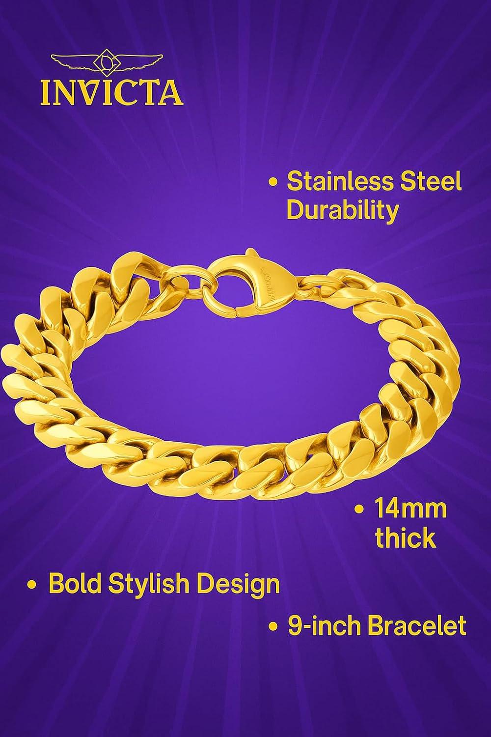 image:imageInvicta Bracelet for Men Stainless Steel Chain Jewelry Thick Polished Curb 14mm 9Gold
