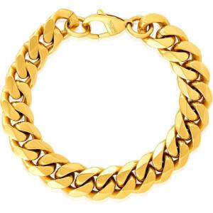 Invicta Bracelet for Men, Stainless Steel Chain Jewelry, Thick Polished Curb, 14mm, 9″(Gold)