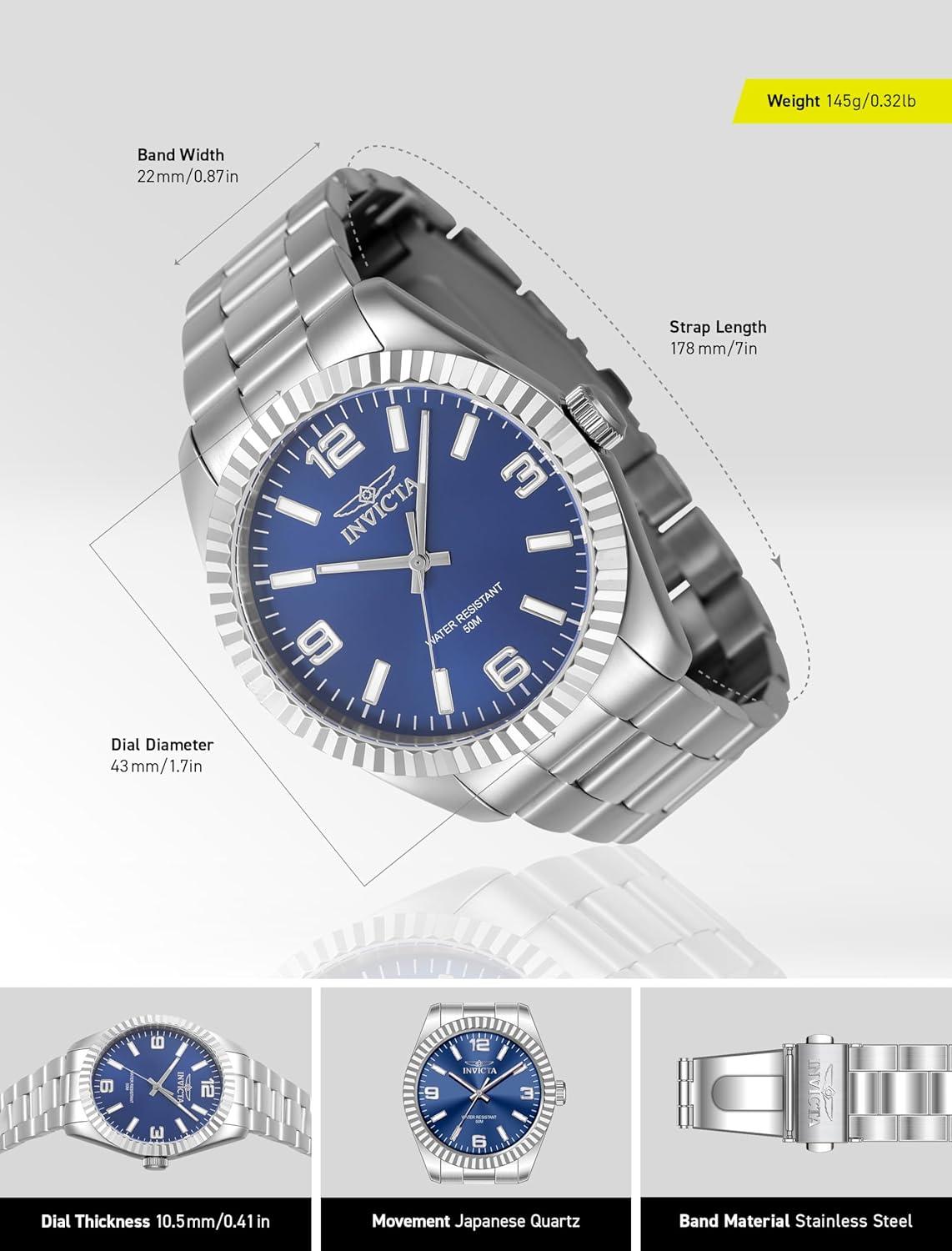 image:imageInvicta Specialty Men 43mm Stainless Steel Steel Blue dial PC21 Quartz