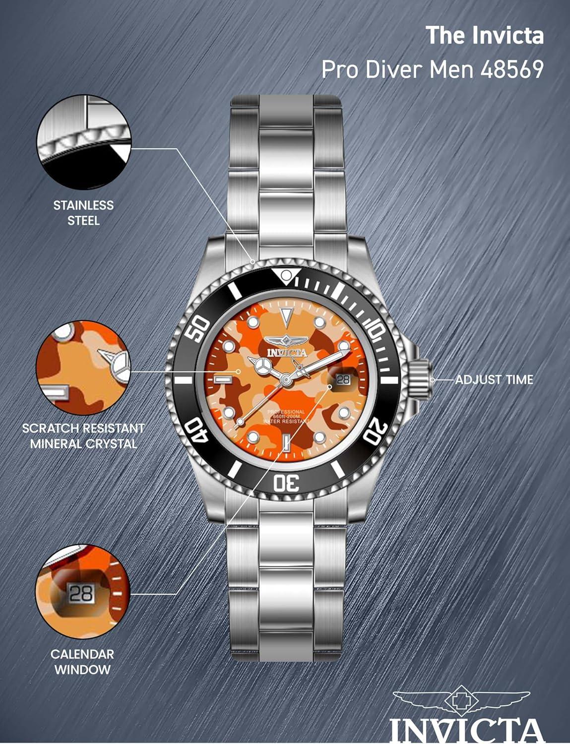 image:imageInvicta Pro Diver Men 40mm Stainless Steel Steel OrangeCamouflage dial PC32 Quartz